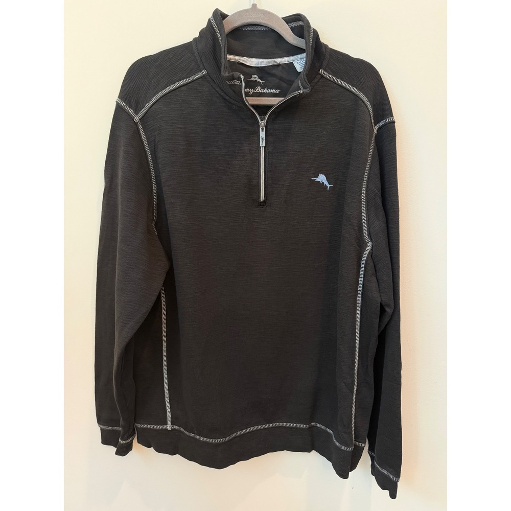 Tommy Bahama Men's XL Black Textured Knit Quarter Zip Pullover Marlin Logo